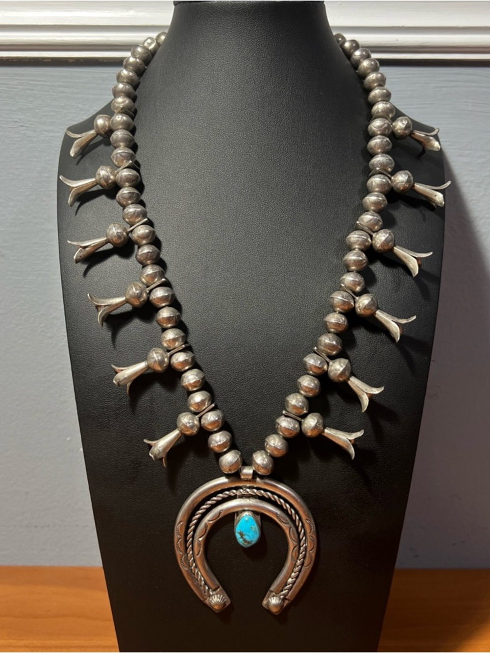 VINTAGE NAVAJO STERLING SILVER SQUASH BLOSSOM KINGMAN TURQUOISE NAJA NECKLACE